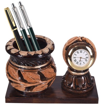  Pen Stand With Clock Dark Brown Antique Wooden Desktop Accessories   332763387675